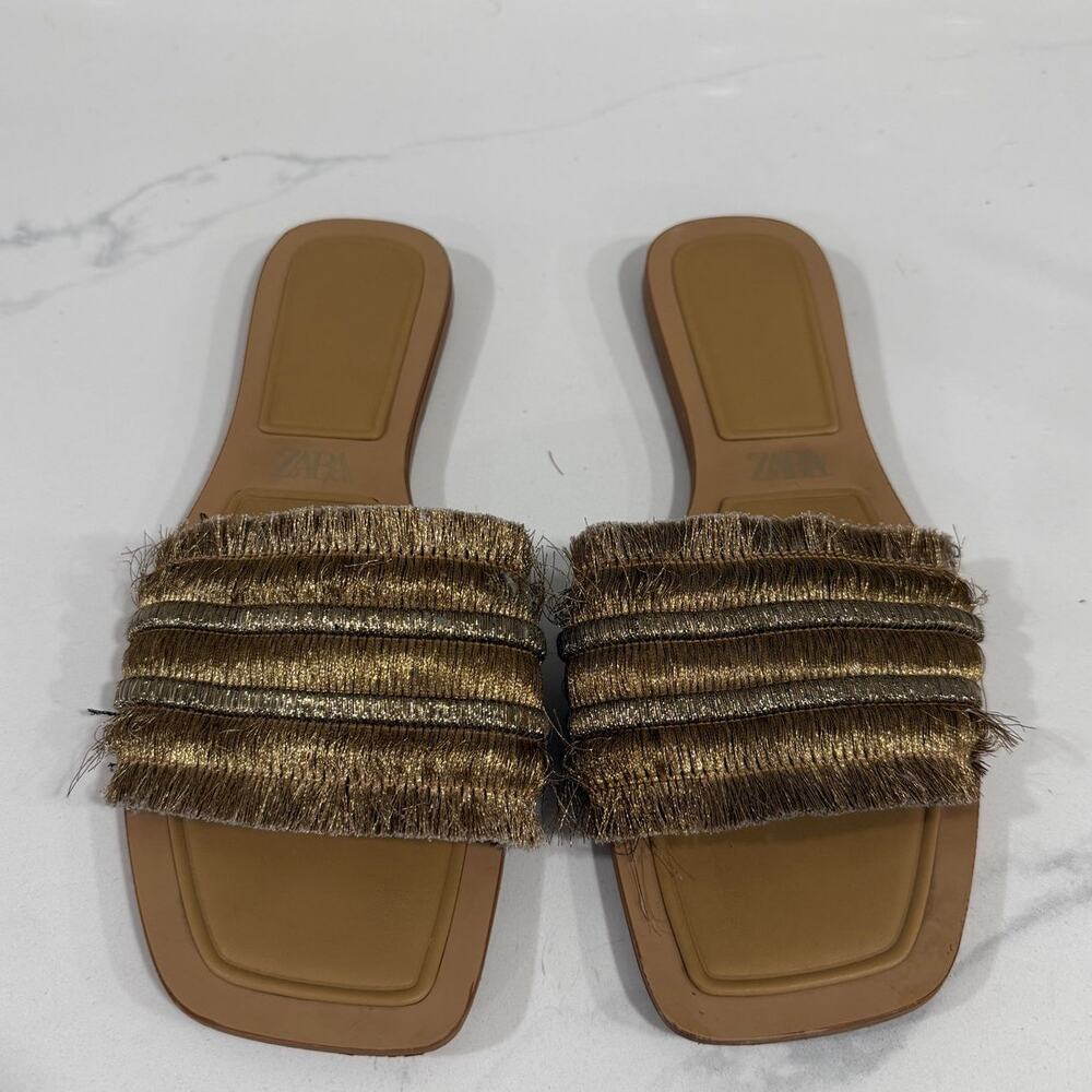 Zara Gold Metallic Fringe Flat Slide Sandals EU 41 US 10 Boho Glam Statement Fun